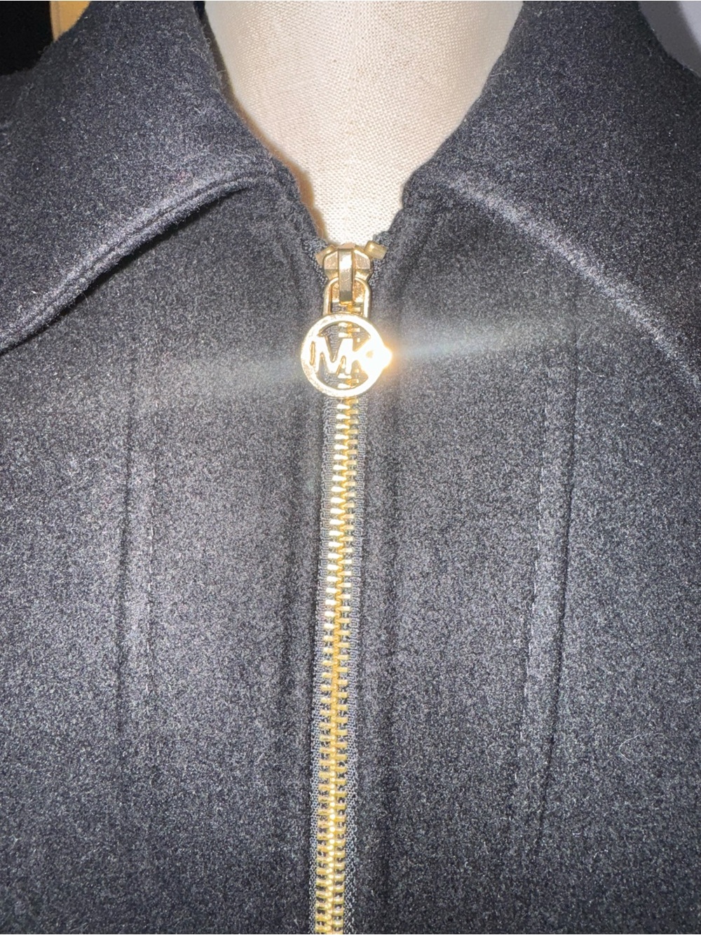 Michael Kors Black Wool-Blend Zip Front Pea Coat with Gold Hardware